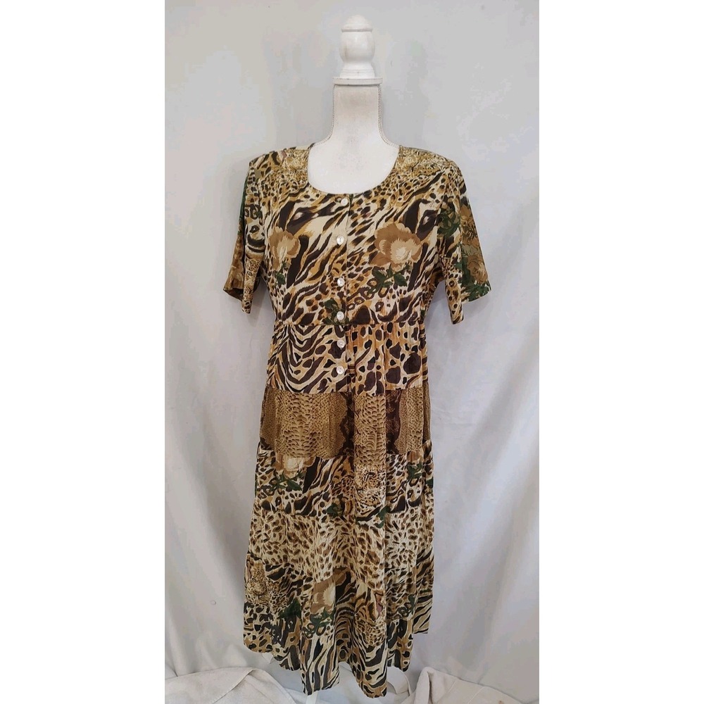 90's VIntage Brownstone Studio Dress Tiered Loose Boho Animal Leopard Print PL